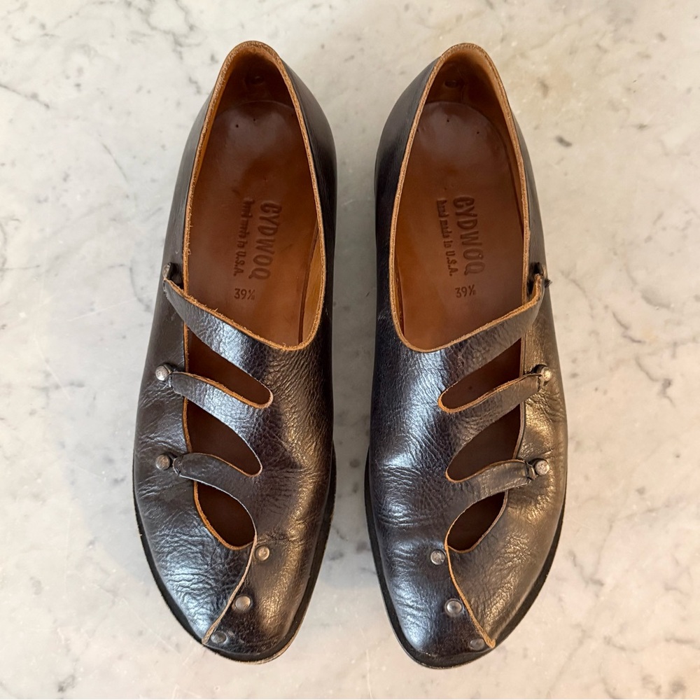 CYDWOQ Bout Asymmetrical Black Leather Mary Jane Flats 39.5 - Picture 2 of 11